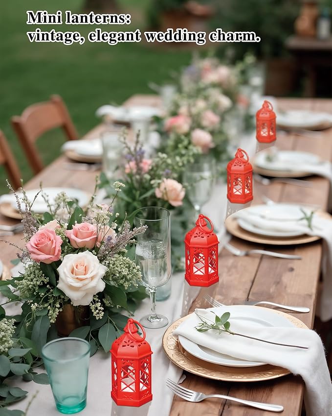 8-Pack Mini Lanterns for Ramadan, Christmas, Small Decorative Lanterns with Flickering LED Candle for Enchanted Forest Wedding, Moroccan Lantern for Table Centerpiece, Medieval Decor, Red
