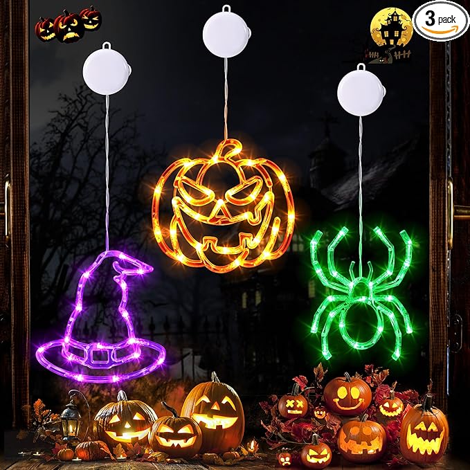Joomer Halloween Battery Operated Window Lights, Orange Pumpkins, Purple Hats and Green Spider, Halloween Lights Decorations with Suction Cup and Timer Functions (Batteries not Included)