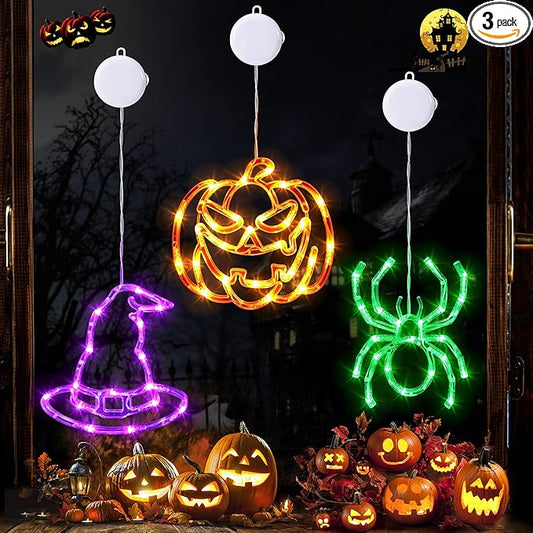 Joomer Halloween Battery Operated Window Lights, Orange Pumpkins, Purple Hats and Green Spider, Halloween Lights Decorations with Suction Cup and Timer Functions (Batteries not Included)