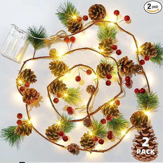 Dazzle Bright 2 Pack Pine Cone Christmas String Lights, Total 13FT 40LED Battery Operated Christmas Garland with Red Berry Pine Cone Fairy String Lights for Indoor Outdoor Xmas Decorations