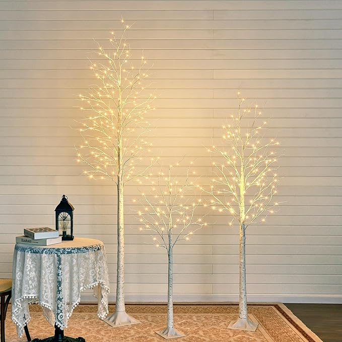 LED Birch Tree Set of 3,4ft 6ft 8ft White Christmas Tree Lights for Indoor,Prelit Artificial Tree with Warm Lights for Porch, Party,Thanksgiving Decor