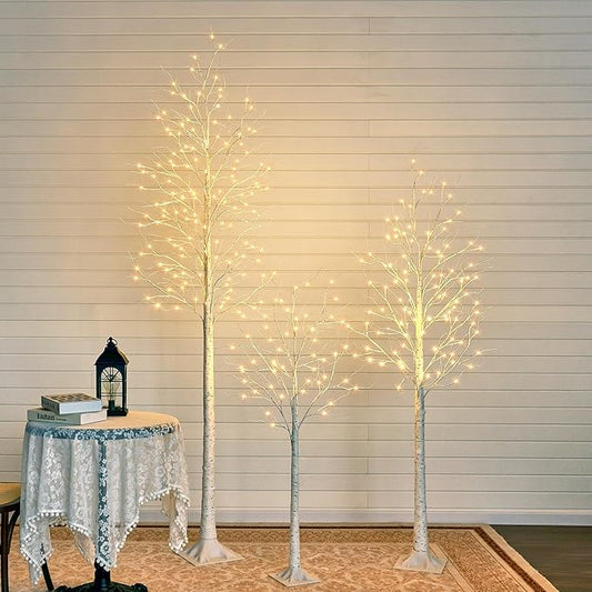 LED Birch Tree Set of 3,4ft 6ft 8ft White Christmas Tree Lights for Indoor,Prelit Artificial Tree with Warm Lights for Porch, Party,Thanksgiving Decor