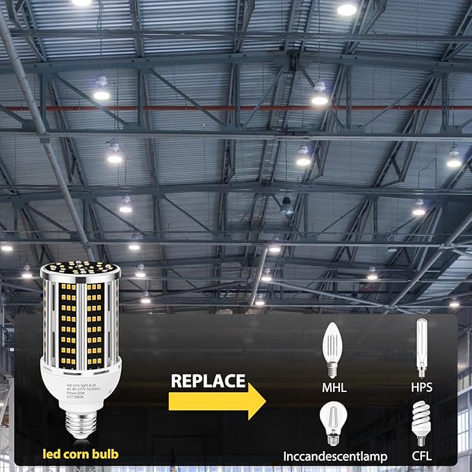 50W 6 pack LED Corn Light Bulb,3000K Warm White 6500LM(500W Equivalent ) Commercial GradeE26/E39 Medium Mogul Base LED Lamp,Large Area Lights For Outdoor Indoor Garage Warehouse Factory Bay Light