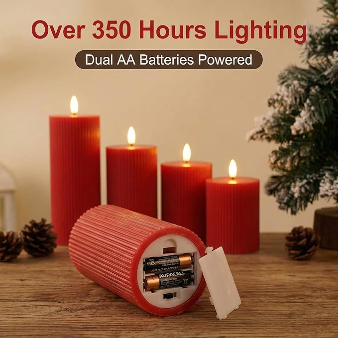 Red Ribbed Flameless Pillar Candles with Remote, Flat Top Flickering LED Wax Candles Battery Operated Set of 4