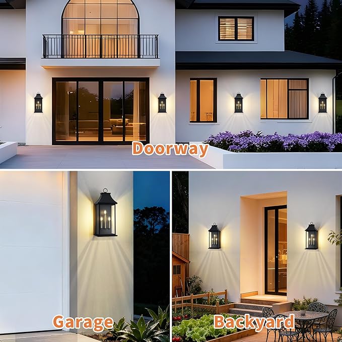 tewei 28'' Large Outdoor Wall Light, Porch Light Outdoor Wall Sconce Lantern, 3-Light Black Exterior Lighting Fixture Wall Mount E12 Gold Base, Outside Light for House Backyard Garage, 1-Pack