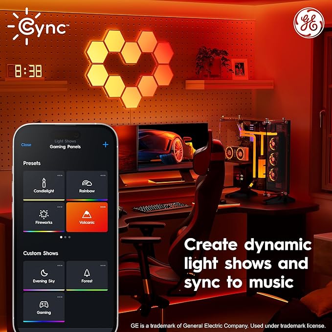 Cync GE Dynamic Effects Indoor Hexagon WiFi Smart LED Color Changing Lights, Wall Light Panels for Room Décor, Gaming Setup, Music Sync LED Wall Art, Works with Alexa and Google, 5 Panels
