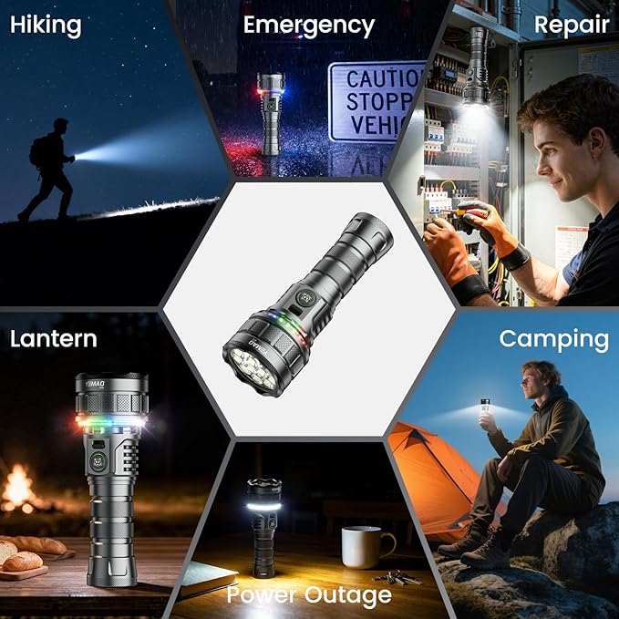 7200 High Lumen Super Bright Rechargeable Flashlight 19 Modes,5000mAh Led RGB Ambient Marquee Flashlight with Memory,High Powered Tactical Flashlight with Camp Light for Home Mergency and Ourdoor Uses