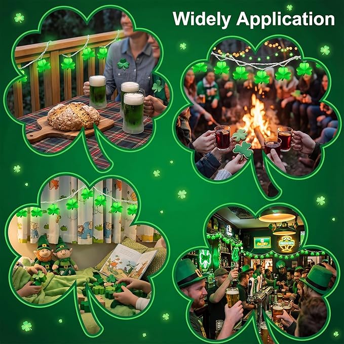 8.5Ft St Patricks Day Lights, 10 LED 3D Shamrock Lights Plug In, Waterproof St Patrick's Day String Lights Shamrock, Saint Patricks Day Decorations, St Patricks Day Outdoor Light for Window & Home