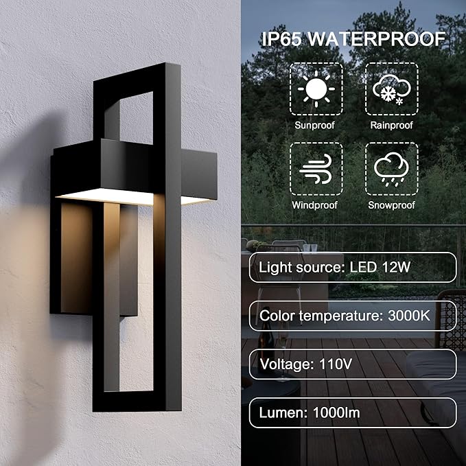 LamQee 2 Packs Modern Outdoor Wall Lights 3000K Integrated LED Outdoor Wall Sconces Lighting, Contemporary Exterior Lighting Fixtures Outside Wall Mount Lights for House Porch Door Garage, Matte Black