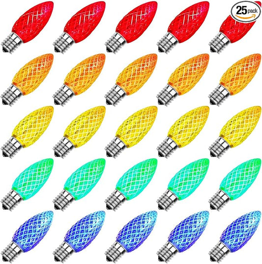 Meconard C9 Led Replacement Christmas Light Bulbs, C9 Shatterproof Led Bulbs for Christmas Indoor Outdoor String Lights, E17 Intermediate Base, Commercial Grade Holiday Bulbs, Multi-Color, 25Pack