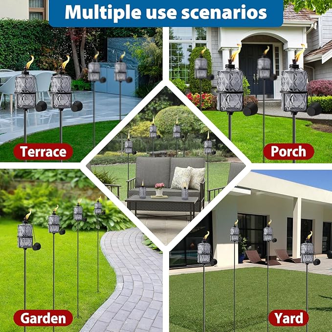 4 Pack Gray Glass Garden Torch 12 oz Outdoor Torch Garden Décor,60-Inch Upgraded Citronella Torches with 3-Prong Grounded Stake for Party Patio Pathway