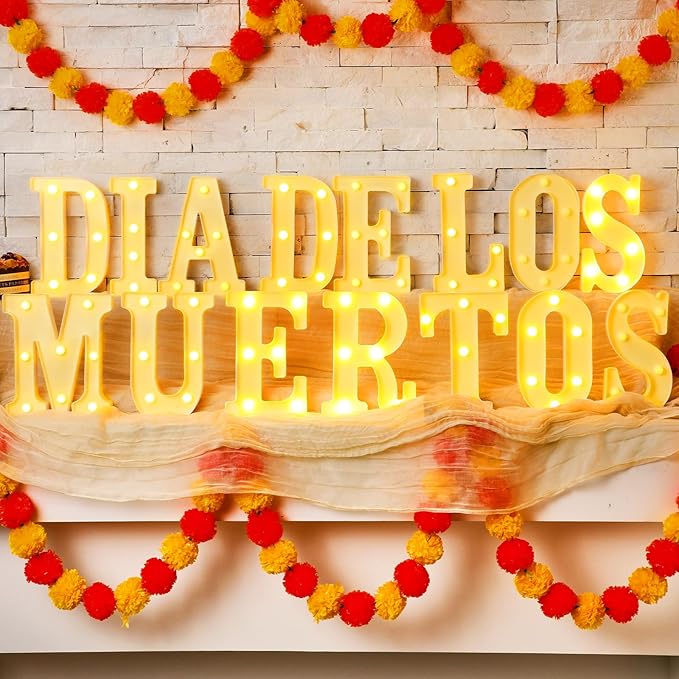 15 Pcs Day of The Dead Decorations Dia De Los Muertos Large LED Letter Signs LED Lights Battery Powered Table Decorations for Mexican Fiesta Party