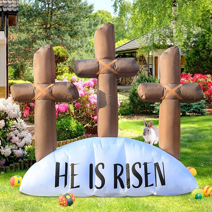 6FT Easter Inflatable Outdoor Decorations He is Risen Cross, Build-in LED Lights Holiday Blow Up Yard Decoration, for Easter Holiday Party, Outdoor,Garden, Yard Lawn Décor