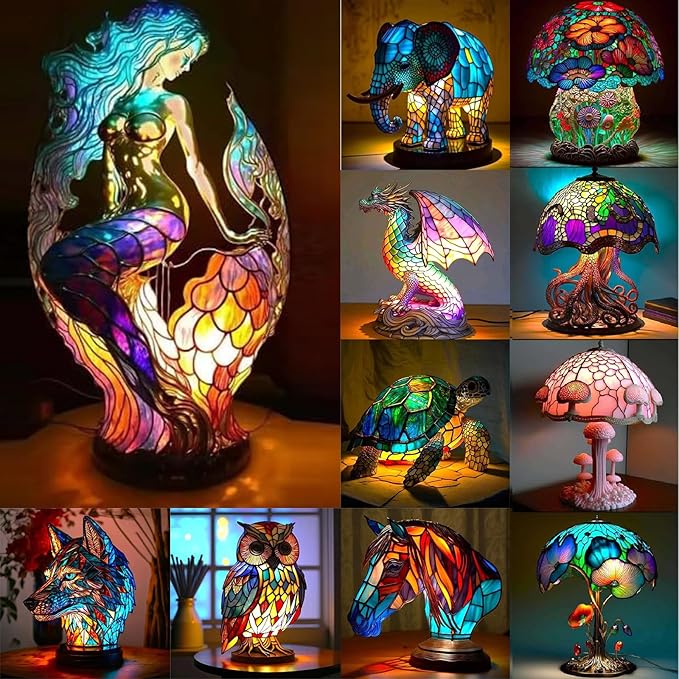 Mmoneyake Animal Table Lamp Series, Retro Stained Animal Table Lamp, Creative Stained Owl/Cat/Wolf/Turtle/Rooster/Horse Night Light for Home Decoration