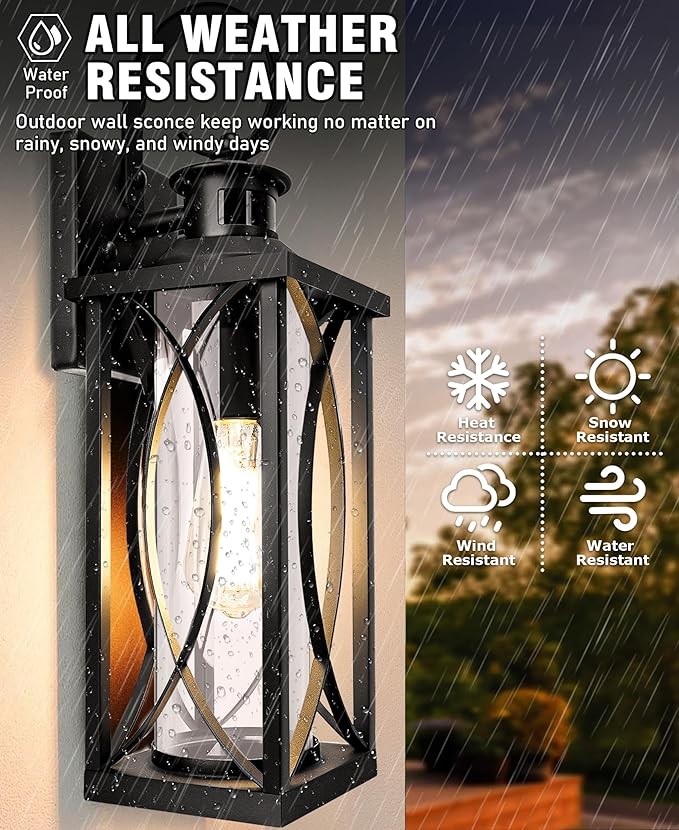 DBF Motion Sensor Outdoor Wall Lights, 2 Pack Outdoor Porch Lights Dusk to Dawn, Anti-Rust Exterior Light Fixture Waterproof with Glass & E26 Socket Wall Sconce for House Garage Patio Doorway, Black
