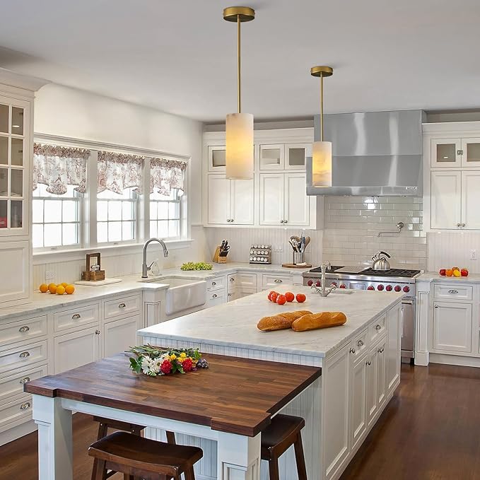 Alabaster Pendant Light for Kitchen Island, H-9.5in Modern Brass Hanging Light Fixture with Natural Alabaster Stone Shade, Adjustable Pendant Lighting Over Sink, Dining, Bar, Counter