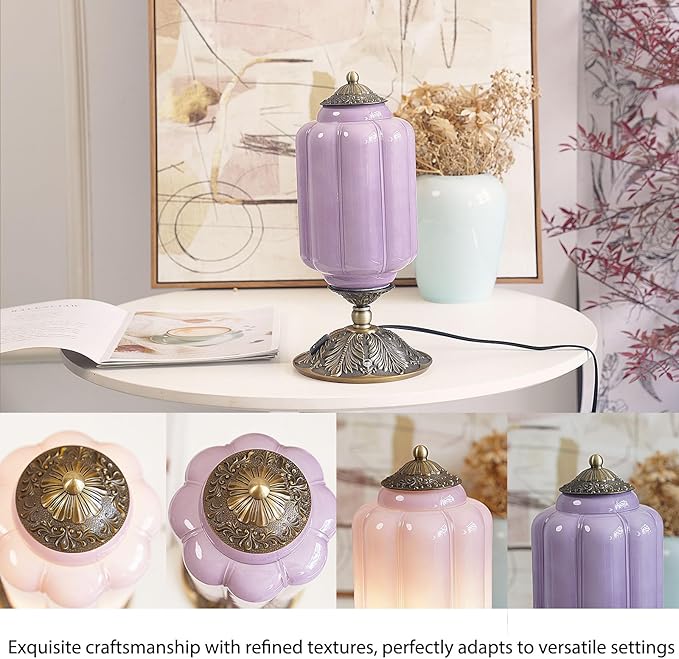 Vintage Purple Glass Touch Table Lamp, Elegant MilK Glass Bedside Desk Lamp 3 Way Dimmable with USB C+A Charging Ports - Bedroom Nightstand & Living Room Essential, 4W Bulb Included (Purple, 6.5)