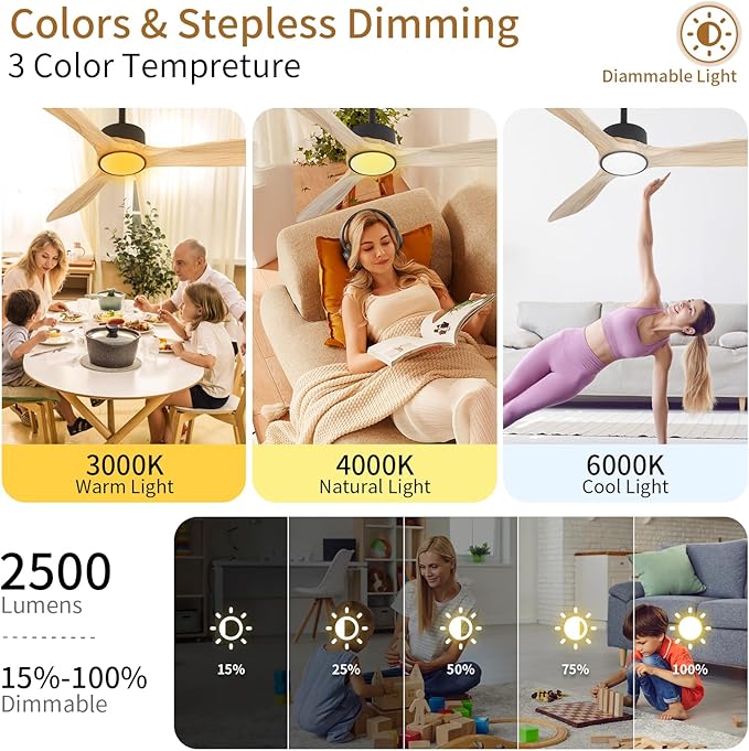 Wood Ceiling Fan with Lights,52Inch Ceiling Fans with Remote Control,Dimmable Light,3 CCT,6 Speeds,Noiseless DC Motor,2 downrod,Ceiling Fan for Bedroom,Living Room,Office,Indoor