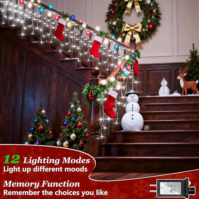 1332 LED 132ft Christmas String Lights Outdoor, 12 Modes Dimmable Curtain Lights with 296 Drops, Waterproof Fairy Lights with Timer for Bedroom Window Holiday Wedding Home Xmas Decor, Warm White