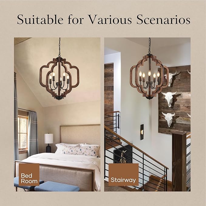 20.5" Farmhouse Vintage Chandelier 5-Light for Dining Room Rustic Handmade Wood Hanging Ceiling Pendant Light Fixture for Entryway Brown Retro Chandeliers for Kitchen Bedroom Foyer Hallway