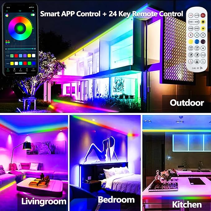 16.4FT Outdoor LED Strip Light Waterproof,IP68 Outside RGB+IC Light Strip with App/Remote Control,Music Sync Lights for Balcony,Deck,Rooftop,Garden,Pool
