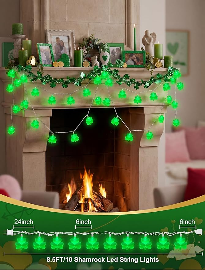 Outdoor Shamrock String Lights, 8.5Ft Saint Patricks Day Decorations with 10 Clover Lights, Plug in Shamrocks Green Lights for Party Bar Home Garden Decor,White Wire