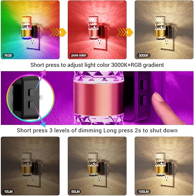 JandCase Night Lights Plug into Wall, Color Changing Night Light for Kids, 3000K+RGB 10-Color LED Nightlight with Light Sensor, 10/50/100LM Adjustable Brightness for Rooms Home Decor