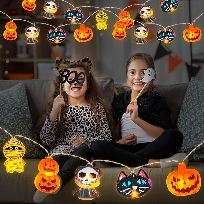 Halloween Decorations 20LED 9.8FT Pumpkin String Lights Batteries Operated Battery String Lights Outdoor Indoor Orange Pumpkin White Ghosts Vampires Mummies Halloween Party Decorations