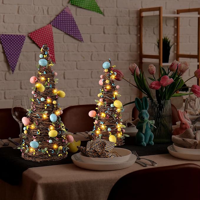 Soulchen 2 Pcs Easter Rattan Cone Tree Decoration Artificial Table Tree with Pastel Berries LED Lights for Easter Porch Kitchen Mantle Table Decor Spring Centerpiece Decorations