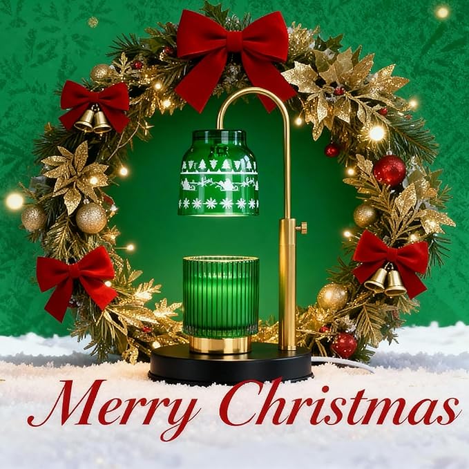 Christmas Candle Warmer Lamp, with 2 Bulbs,Timer & Dimmer,Compatible with Large Yankee Candle Jars,3 Wick Candles,Height Adjustable Electric Top Candle Melter,Green,110-120v,Mother's Day Gifts