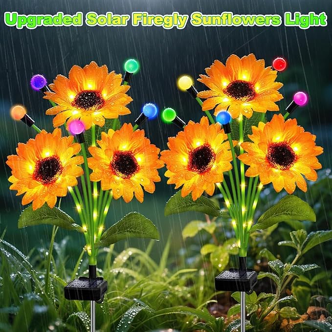 Solar Garden Lights-2 Pack Solar Sunflowers with Multicolor Changing Swaying Firefly Lights,Gifts for Mom Women Mothers Day Birthday,Waterproof Firefly Sunflower Light for Outdoor Patio Yard Decor