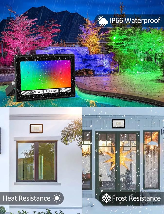 RGB LED Flood Light Outdoor 300W Equivalent, 30W Bluetooth RGBCW Smart Floodlights 2700K, 16 Million Color Changing, Timing, Music Sync, IP66 Waterproof Landscape Lighting with US Plug (4 Pack)
