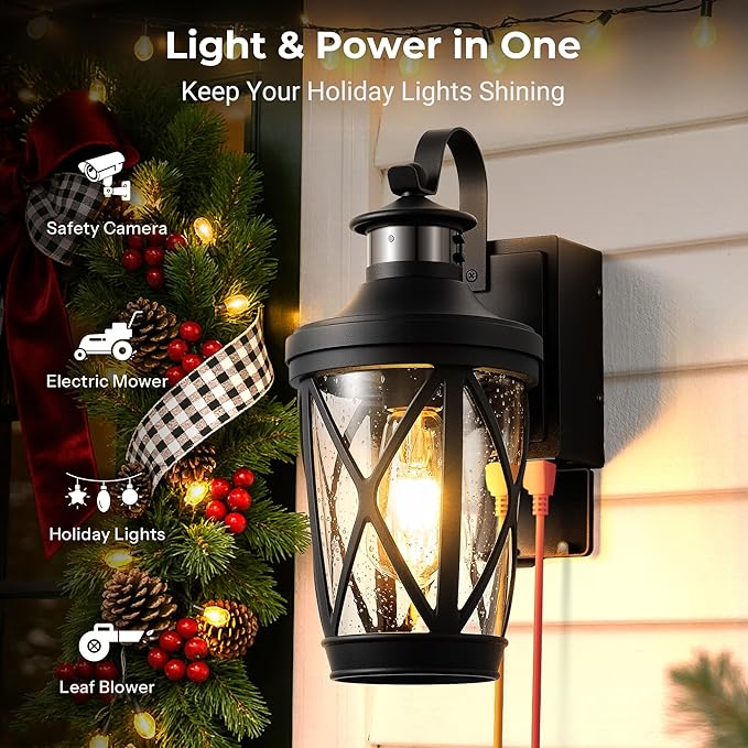 Motion Sensor Outdoor Wal Light with GFCI Outlet, 2-Pack Black Exterior Lighting Fixtures with Outlet, Waterproof Outdoor Lanterns for Porch with Seed Glass, E26 Exterior Garage Sconce Lights