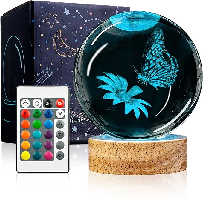 3D Crystal Ball Night Light with Wooden Base, 3.15" Butterfly & Flower Figurine Glass Lamp with 16 Colors, Cute Desk Decor for Bedroom Gifts