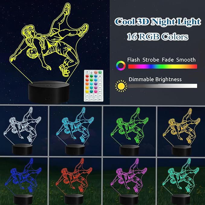 Wrestling Night Light, Wrestling Gifts for Men, 3D Illusion Lamp with Remote Control, 16 RGB Colors, 4 Flashing Modes, Timer, Dimmable, Boys Room Decoration for Holiday Birthday Christmas