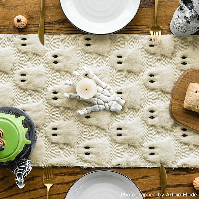 Artoid Mode Beige Ghost Soft Plush Faux Fur Jacquard Halloween Table Runner, Holiday Kitchen Dining Table Decoration for Home Party Decor 13x72 Inch