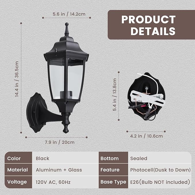 Photocell-Controlled Outdoor Wall Light – Die-Cast Aluminum & Glass Water-Resistant Exterior Fixture, Wet Location Rated, E26 Base (60W Max) for Porch, Garage, Garden（Black）