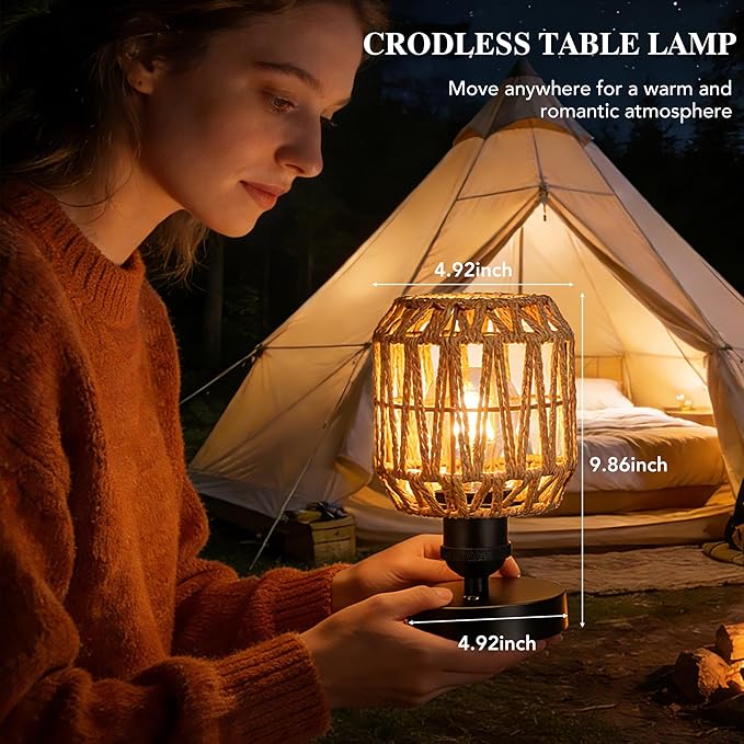 WIHTU 2 Pack Rechargeable Table Lamps, Cordless Lamp with 5000 mAh Battery Operated, Outdoor Wireless Rattan Touch Lamps, Portable Dimmable Lamp for Restaurtrant Home Camping Patio (Bulbs Included)