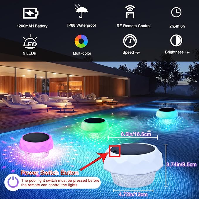 Solar Powered LED Floating Pool Light with RGB Color Changing Lights, IP68 Waterproof Pool Light with Remote Control, Remember to Press The Switch on The Solar Panel Or The Remote Won't Work