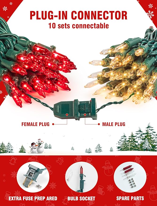 Hopolon Red and Warm White Christmas Lights，2PACK 50Count 13FT Mini Lights Connectable Christmas String Light Xmas Tree Light Incandescent Plug in Waterproof for Home Yard Party Wedding Holiday Decor