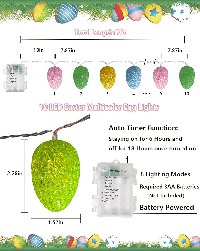 Easter Egg Lights String 6.8FT 10 LED Pastel Egg Light Shatterproof with Timer, Indoor Outdoor Easter Lights Battery Operated String Light for Home Tree Office Bedroom Patio Spring Themed Party Decor