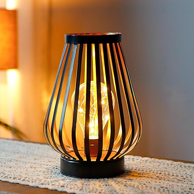 JHY DESIGN Metal Cage LED Lantern 8.7''H Battery Powered Cordless Accent Light with LED Edison Style Bulb Great for Weddings Parties Patio Events Indoors Outdoors Christmas Decorations