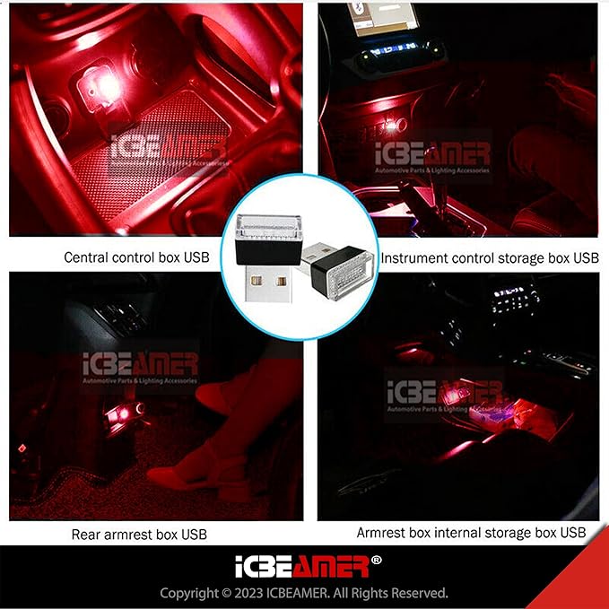 ICBEAMER Mini USB LED Light, Color: Red | Direct Plug-in Miniature/Nano Car Interior Ambient Accent Lighting Kit with Universal Fit for Auto Interior and Trunk Ambient Atmosphere