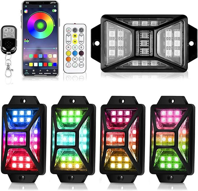 4 Pods Full Angle RGB Rock Lights Compatible with 12V Trucks Jeep UTV SUV ATV Boat Golf Cart, Waterproof Multi-Color, App/Remote Control Led Rock Lights with Music Mode