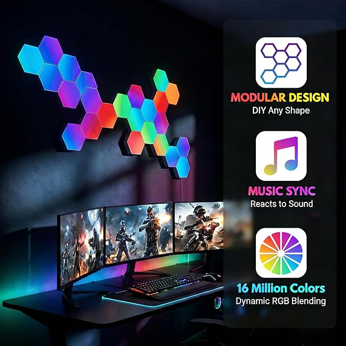 TISOFU Hexagon LED Lights - 12 Pack RGB Wall Panels, Modular Smart Light Panel with Music Sync, Remote & APP, Honeycomb Lights Wall for Gaming Room, Bedroom Decor, Kids, Adults, Gift