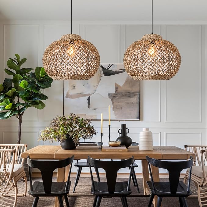 13.77" Woven Rattan Pendant Light,Hand-Woven Water Plants Rattan Chandelier 1-Light Boho Wicker Coastal Retro Ceiling Chandelier Lighting,for Kitchen Island Restaurant Craft Farmhouse