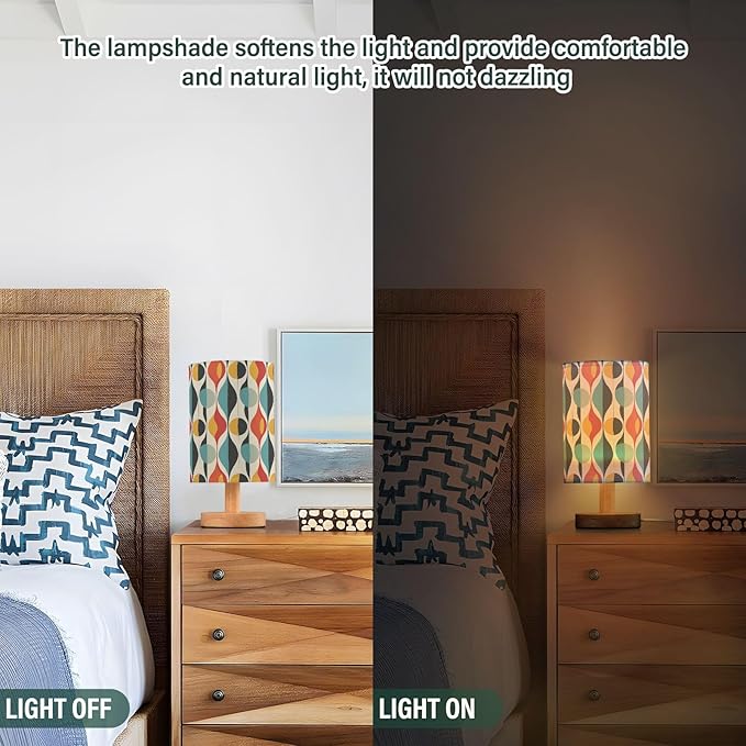 Abstract Mid-century Colorful Table Lamp for Bedroom USB Port Lamps Small Accent Table Lamp Nightstand Lamp Sturdy Linen Shade Wooden Base Decorative Lamps for Bedside Reading|Kids|Dorm|Home