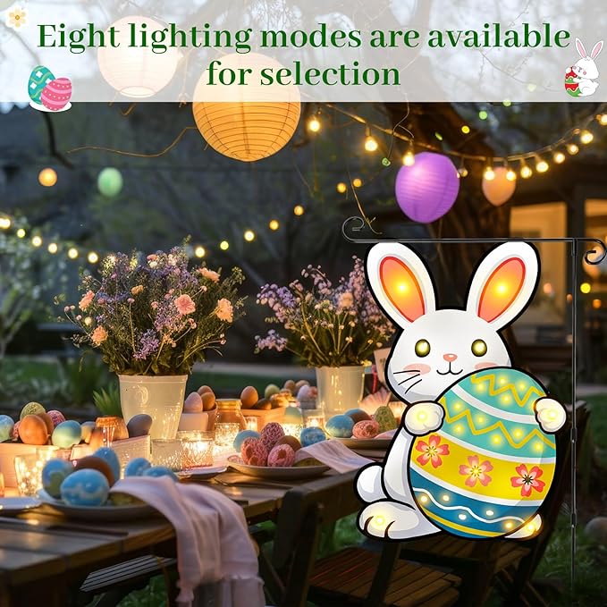 VIHOSE Easter Garden Flag for Outside, 12 x 18 Inch Solar Easter Garden Flag, 8 Modes LED Rabbit Yard Flags Lighted Egg Double Sided Outdoor Banner for Courtyard Lawn Decoration