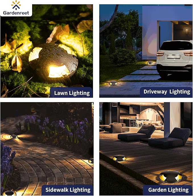 Gardenreet Landscape Well Lights Brass Kit(4 Pack) with MR16 Bulb & 100Feet Wire & Connectors, 12V AC/DC LED In Ground Landscape Lighting for Outdoor Yard Garden Path(3 Way Turret)