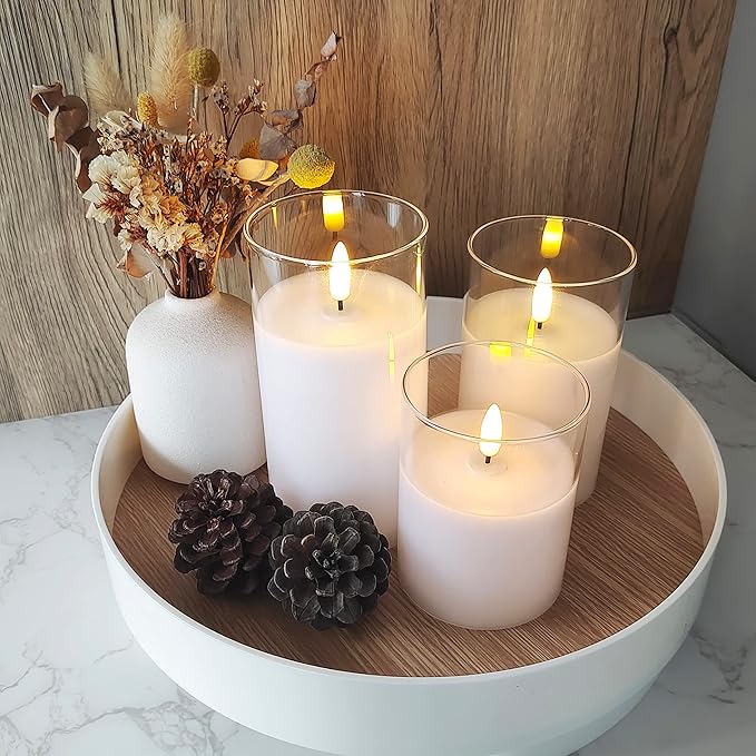 Tyawon Glass Battery Operated LED Flameless Candles with Remote and Timer, Real Wax Candles Warm Color Flickering Light for Festival Wedding Home Party Decor(Pack of 3)-Lvory White